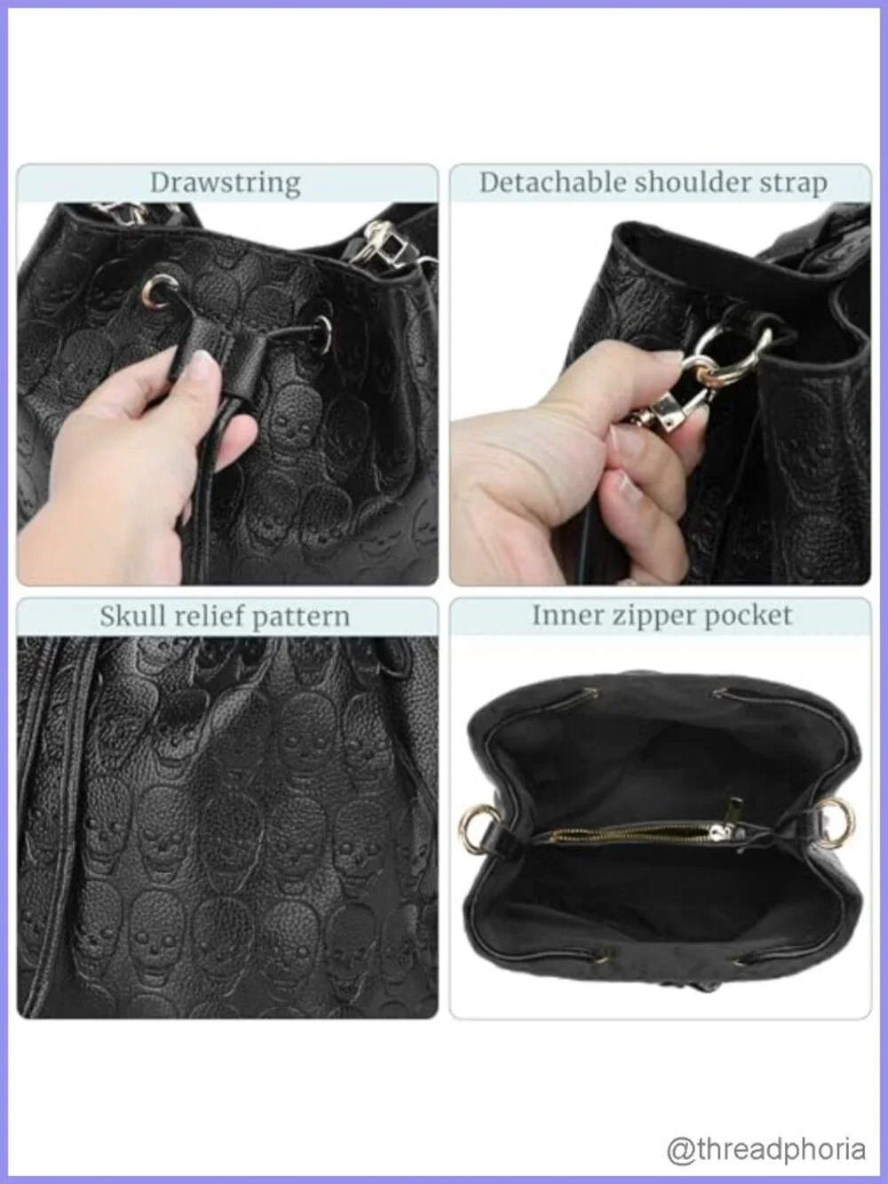 Faux Leather Gothic Skull Bucket Bag Women Shoulder Hobo Tote